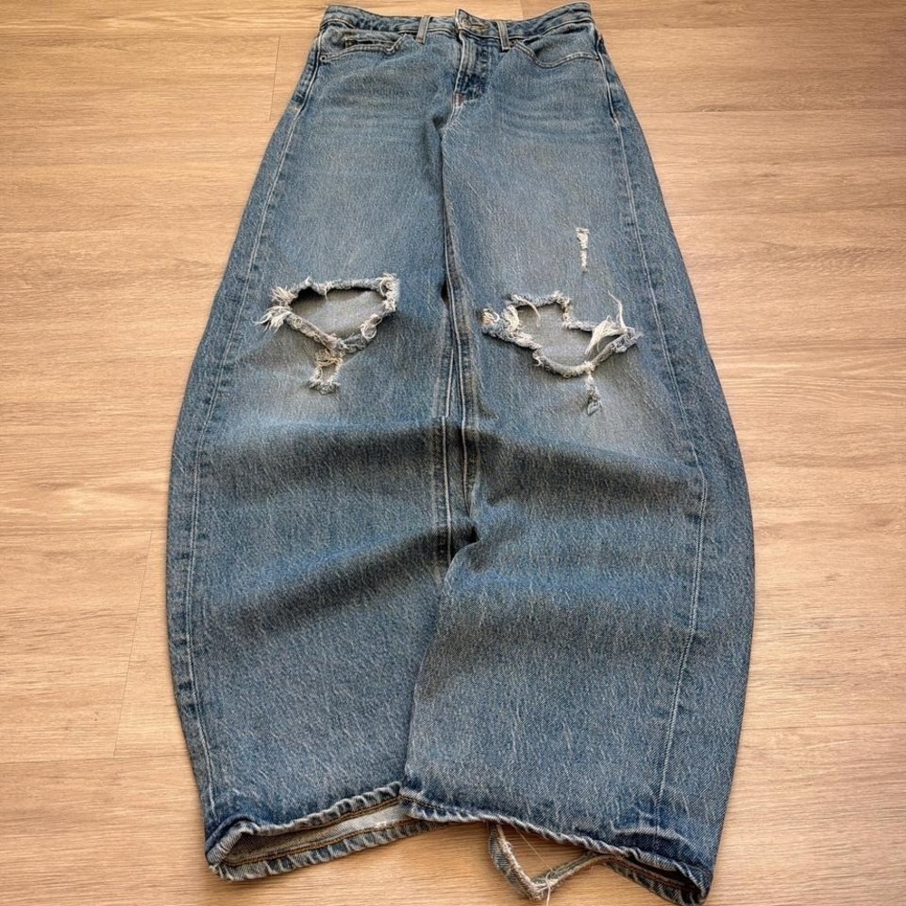 2000s Y2K Blue Baggy Wide Leg Ripped Denim Jeans Grunge Vintage Fit
